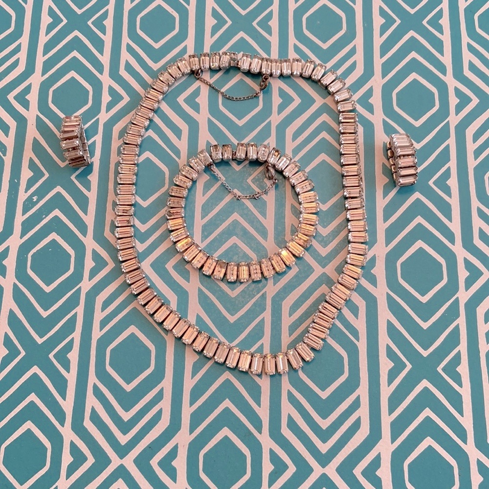 Rare Vintage, Victorian silver tone rhinestone, necklace, earrings and bracelet.